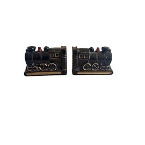 Vintage Japan Train Engine Ceramic Bookends Black &‎ Gold With Red Accents